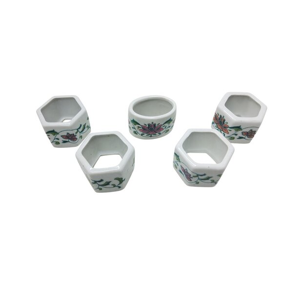 Set Of 5 Vintage Chinese Floral Hexagonal Porcelain Napkin Rings - Picture 4 of 4